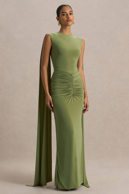 Premiere | Olive Boat-Neck Maxi Dress With Cape-Sleeves And Open-Back