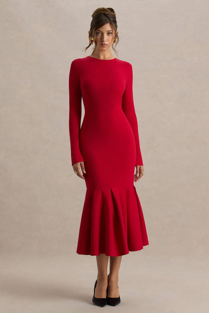 Liberty | Red High Neck Mermaid Maxi Dress With Ruffling Detail