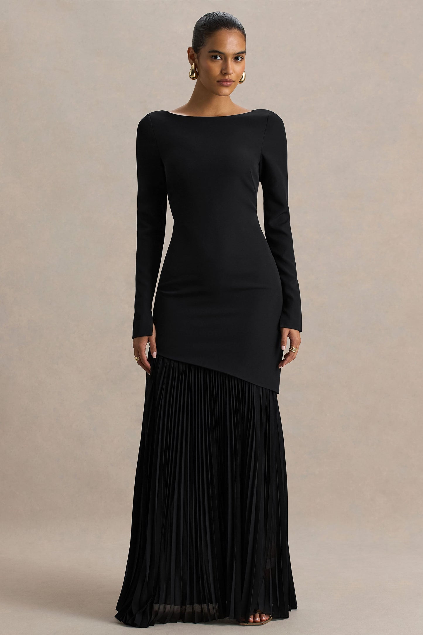 Yanira | Black Crepe And Georgette Crew-Neck Maxi Dress With Drop Waist