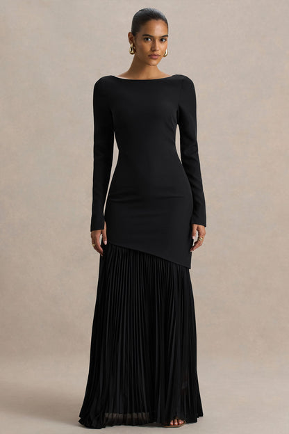 Yanira | Black Crepe And Georgette Crew-Neck Maxi Dress With Drop Waist