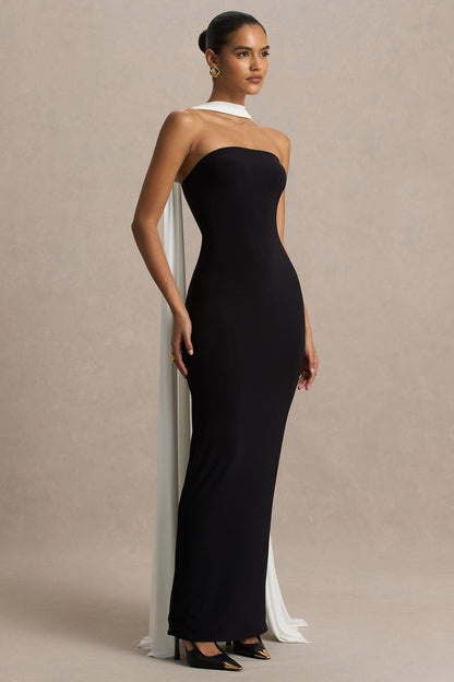 Kelilah | Black And White Bandeau Maxi Dress With Cape