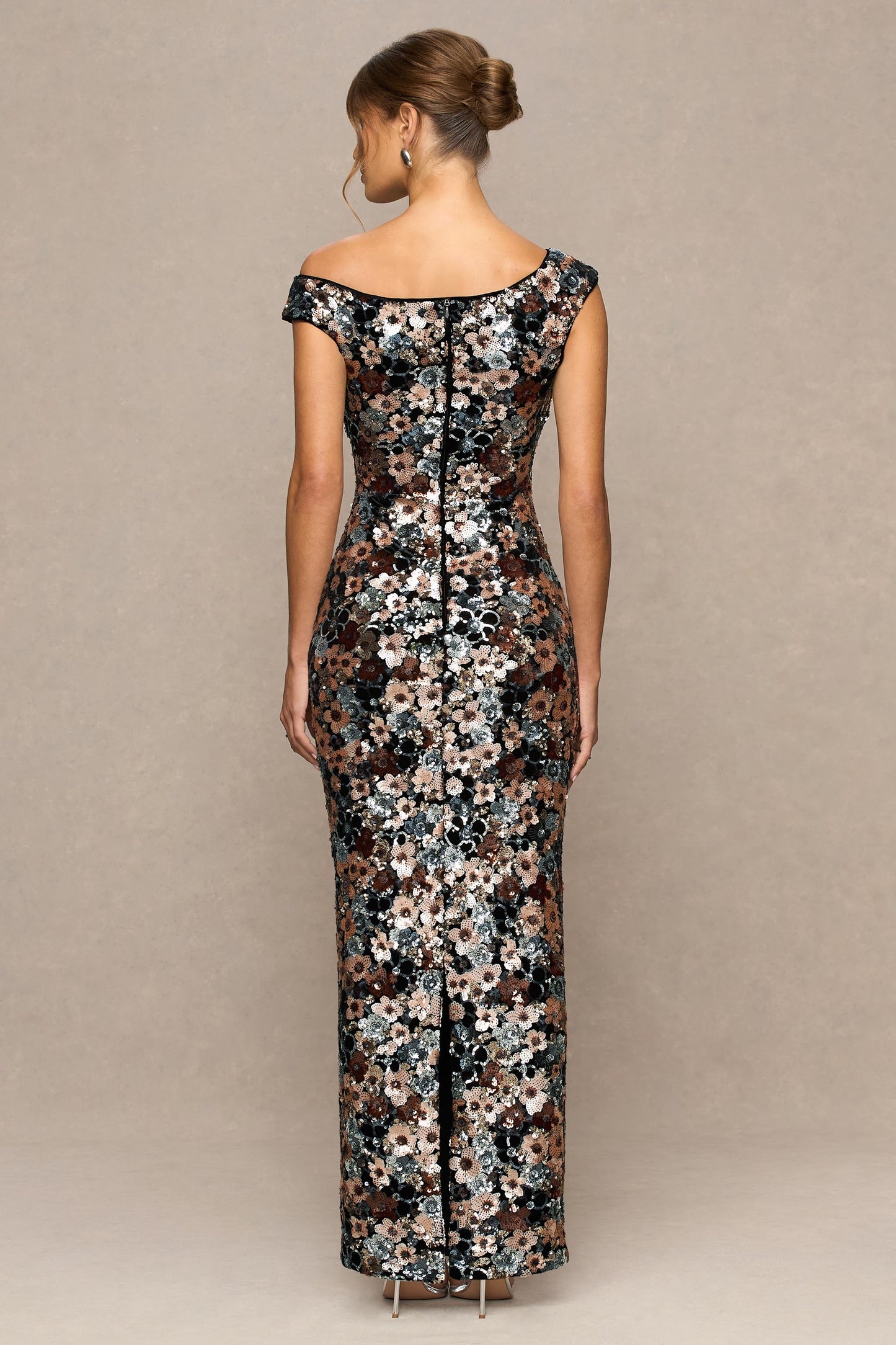 Electric | Black Sequin Floral Velvet Asymmetric-Neck Maxi Dress