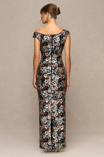Electric | Black Sequin Floral Velvet Asymmetric-Neck Maxi Dress