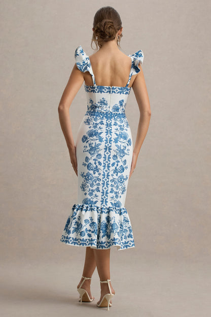 Sarey | Blue Porcelain Print Ruffle Midi Dress