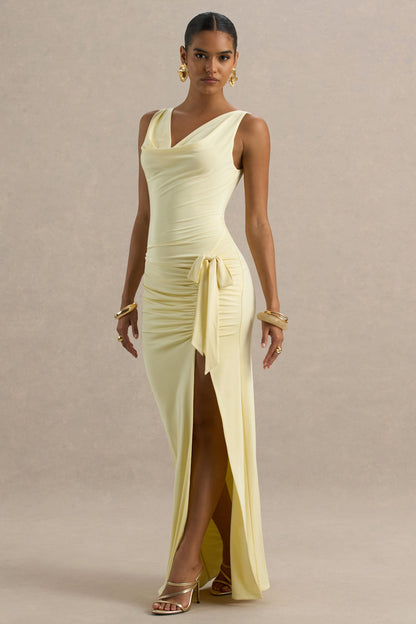 Pure Affection | Pale Lemon Cowl-Neck Maxi Dress With Ruched Detailing And Front High Split