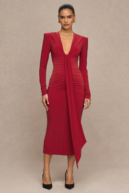 Ivara | Red Plunge-Neck Maxi Dress With Ruched Detailing And Sash