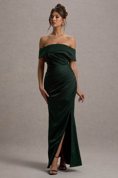 Martine | Bottle Green Satin Bardot Wrap Maxi Dress
