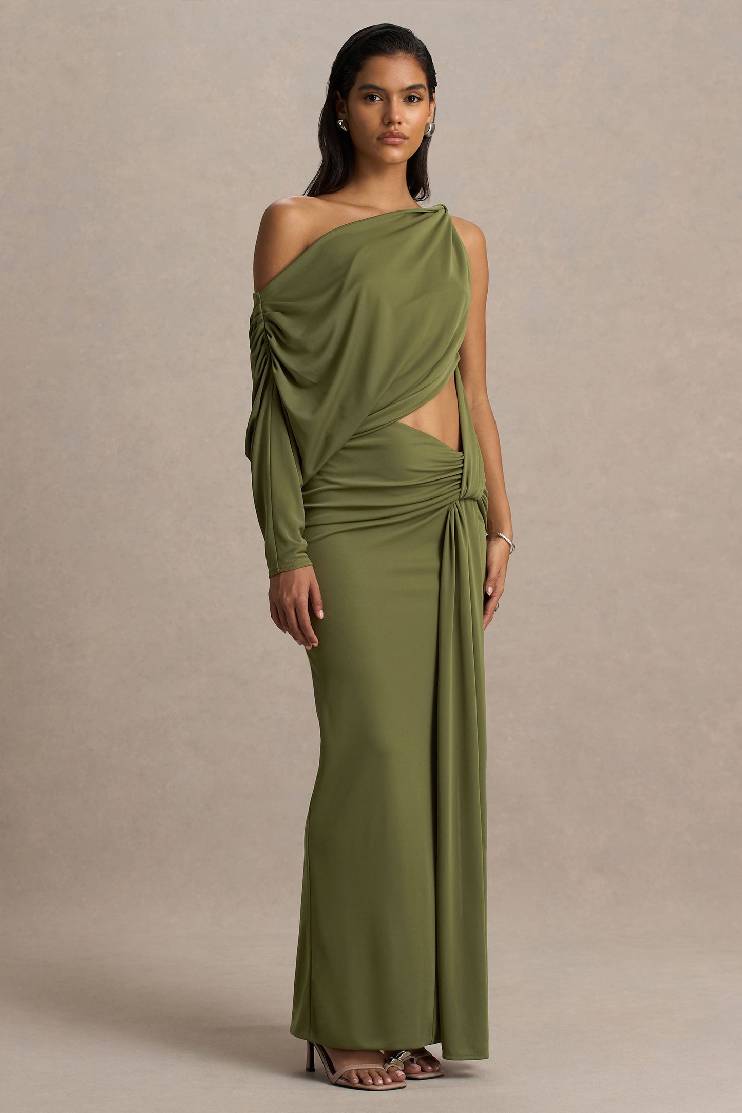 Layla | Olive Asymmetric-Neck Wrap Maxi Dress With Body Cut-Out And Ruched Detailing