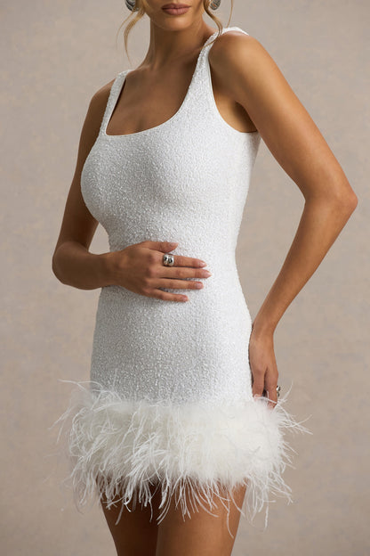 Rosalinda | White Sequin Square-Neck Mini Dress With Feather Trim