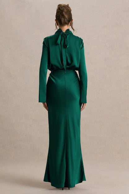 Celina | Bottle Green Satin High-Neck Maxi Dress