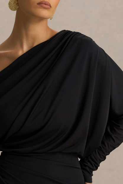 Olivia | Black Asymmetric-Neck Maxi Dress With Ruched Detailing And Front-High Split