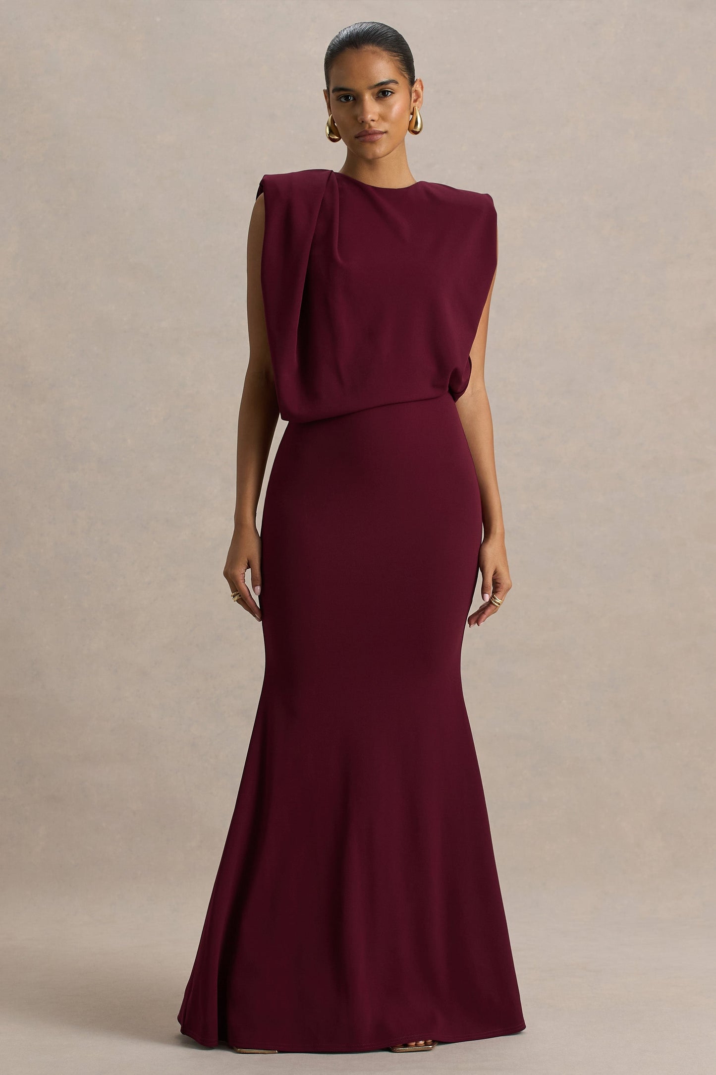 Meave | Burgundy High Neck Maxi Dress With Draping Detail