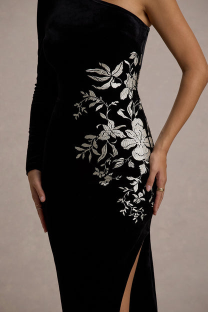 Chance | Black Embroidered Velvet One-Sleeve Maxi Dress