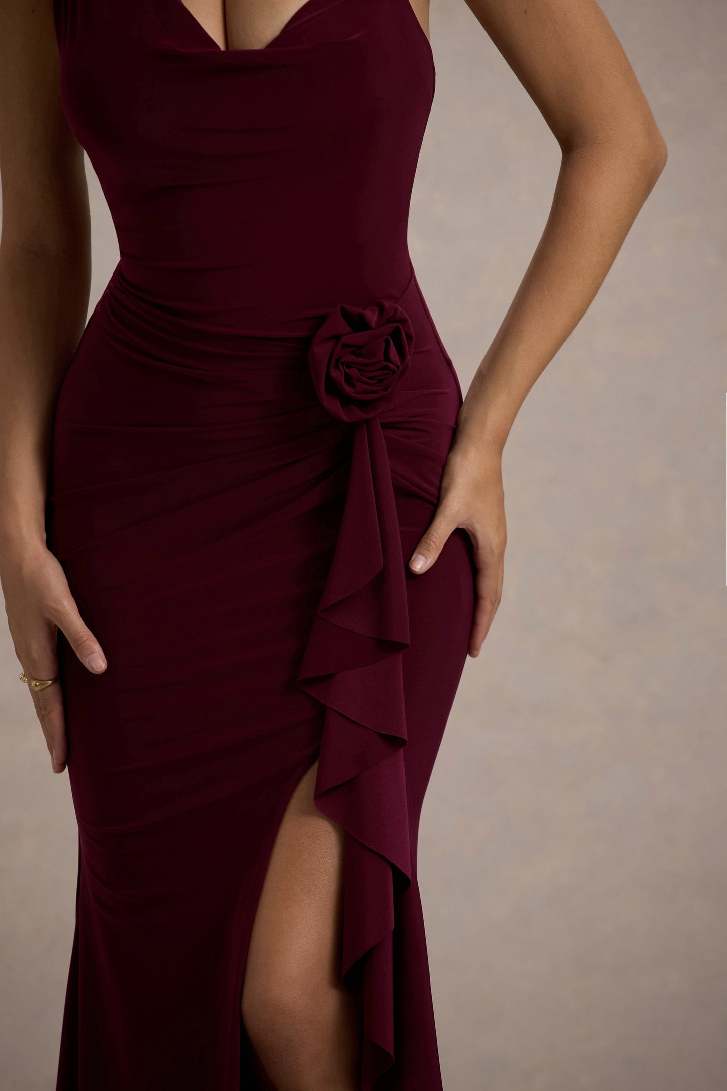 Lucena | Burgundy Cowl-Neck Wrap Maxi Dress With Floral Drape