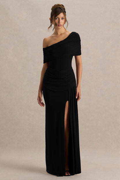 Dynasty | Black Asymmetric-Neck Maxi Dress With Ruched Detailing And Front High-Split