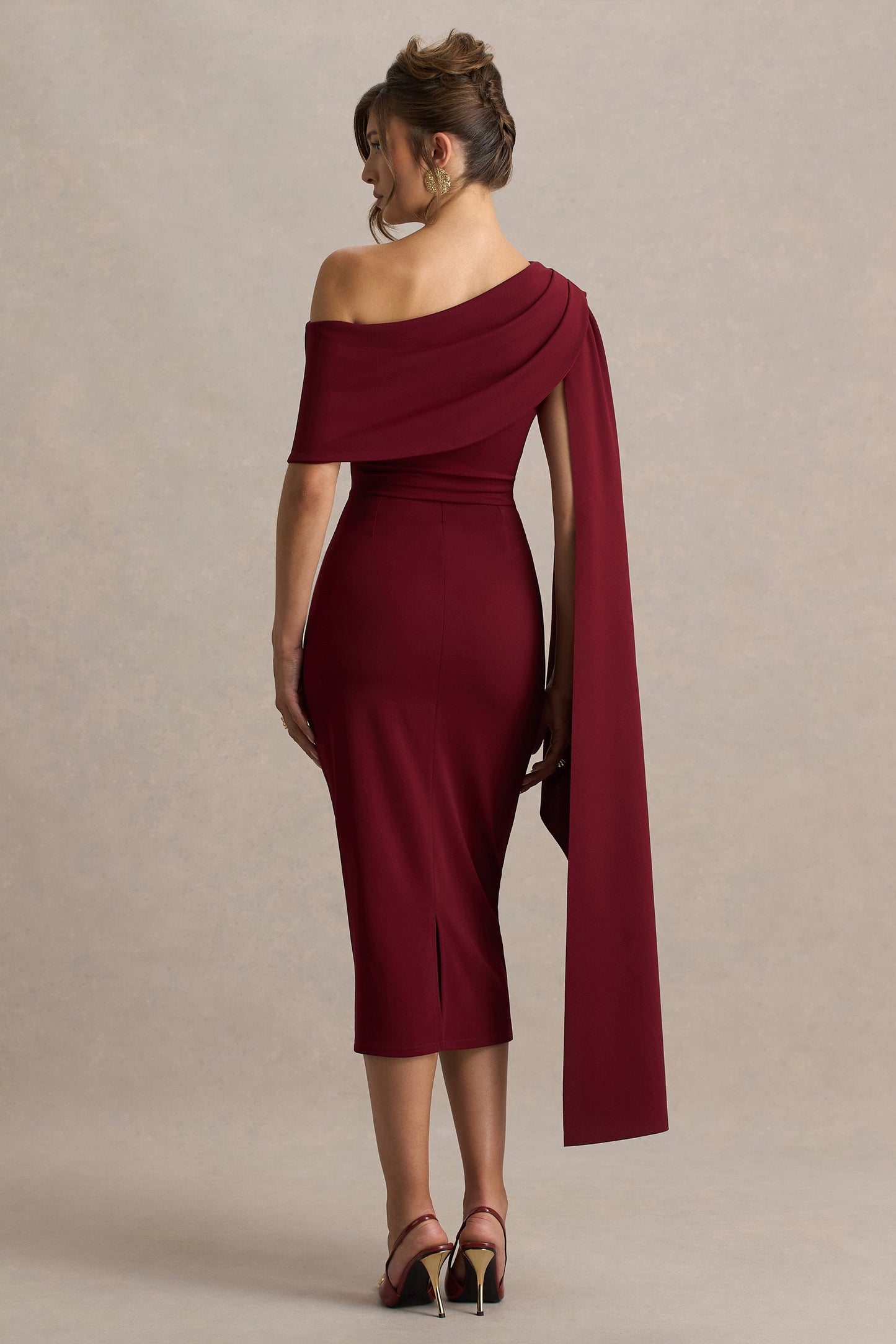 Leah | Burgundy Asymmetric-Neck Midi Dress With Cape-Sleeve And Draped Detailing