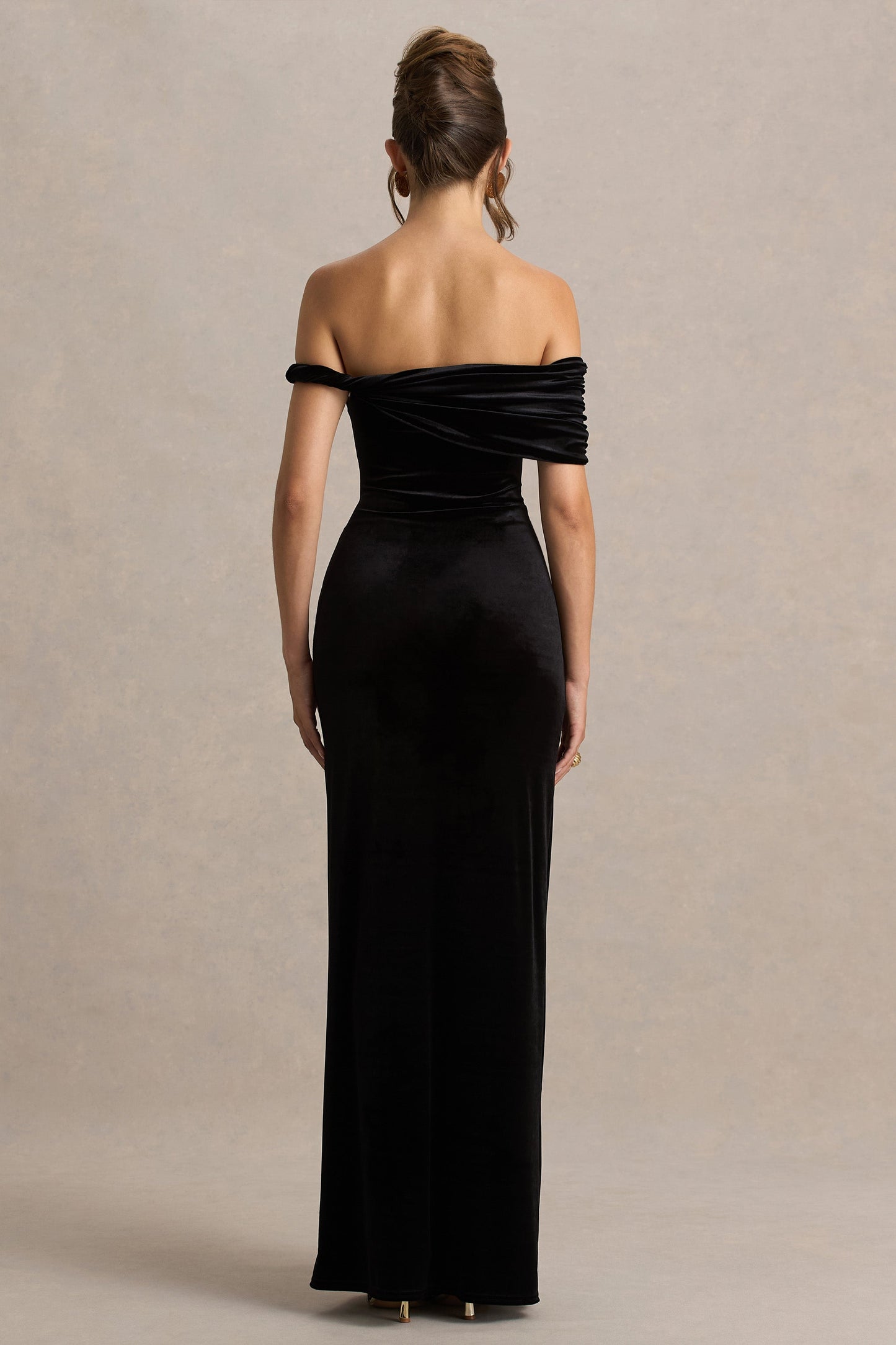 Poised | Black Velvet Bardot-Neck Maxi Dress With Twist-Sleeve