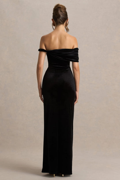 Poised | Black Velvet Bardot-Neck Maxi Dress With Twist-Sleeve