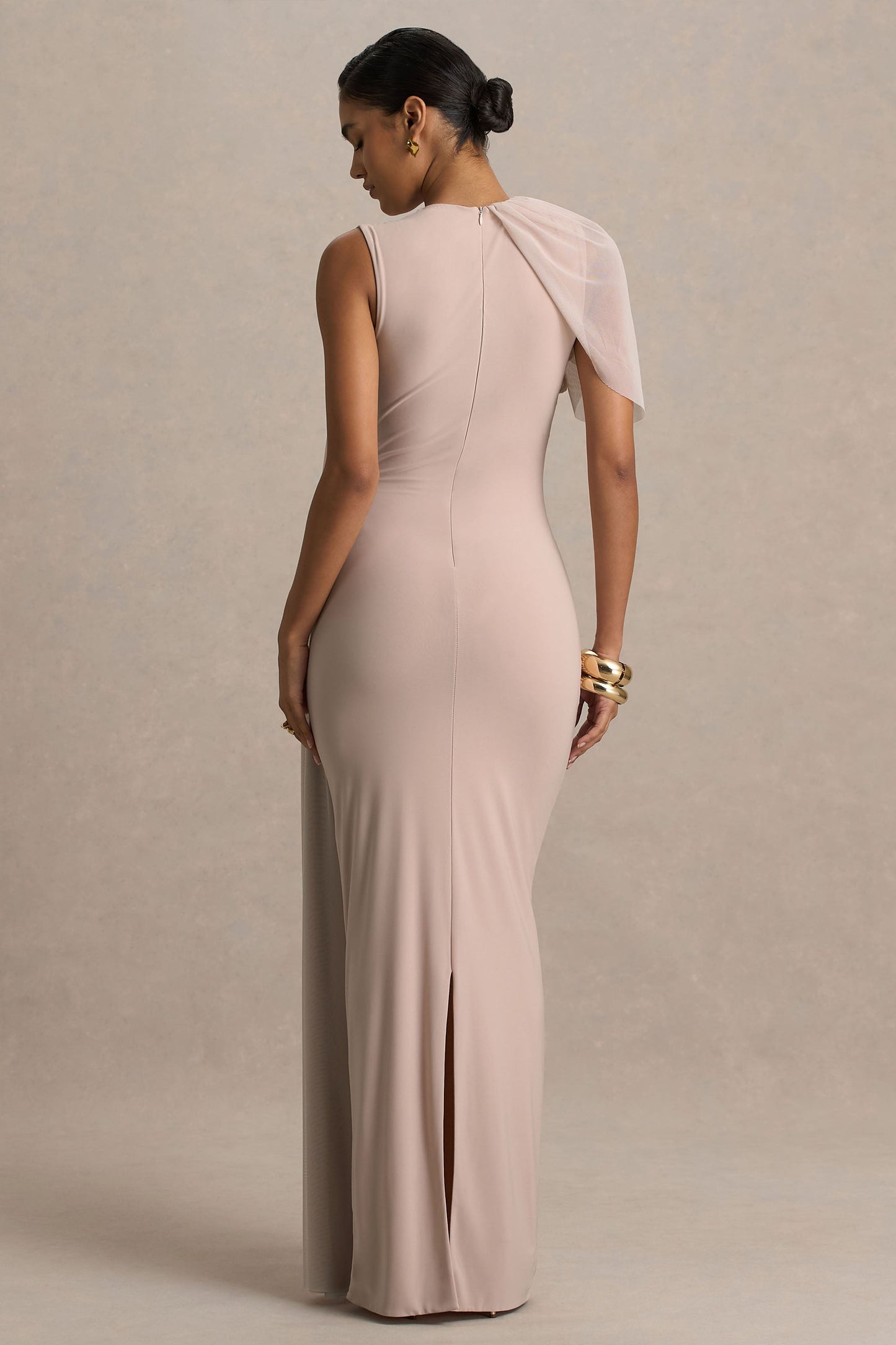 Brenda | Champagne Maxi Dress With Mesh Cape And Sash