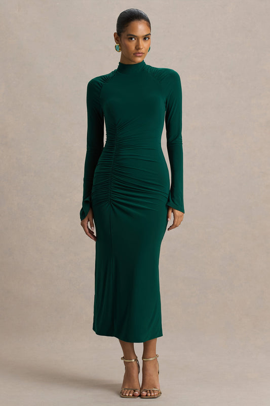 Cassandra | Bottle Green High-Neck Long-Sleeve Midi Dress