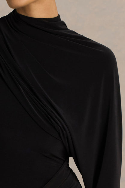 Aphra | Black High-Neck Maxi Dress With Cape-Sleeve