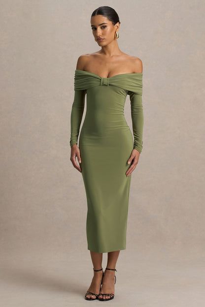 Spark | Olive Bardot-Neck Maxi Dress With Bow Detail