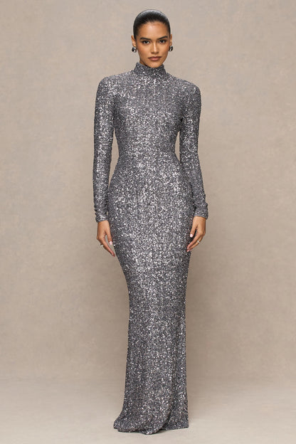 Galaxy | Silver Sequin Turtle-Neck Long-Sleeve Maxi Dress