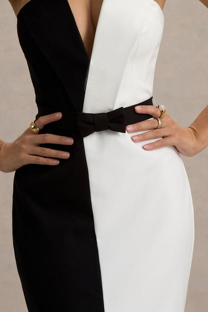 Beatrice | Black & White Plunge Bandeau Maxi Dress With High-Leg Split