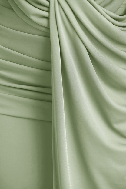 Serafina | Light Green Extreme-Plunge Neck Maxi Dress With Wrap And Ruched Details