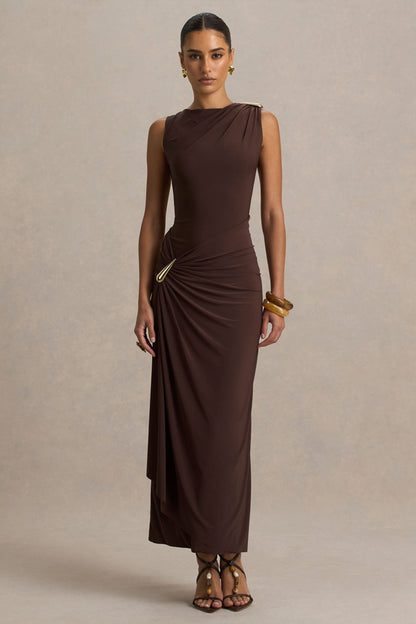 Fiora | Brown High-Neck Maxi Dress With Metal Detail