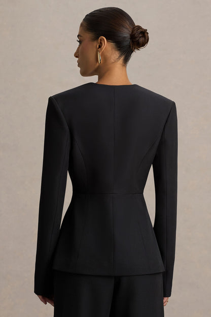 Rosalina | Black Extreme-Plunge Neck Tailored Blazer