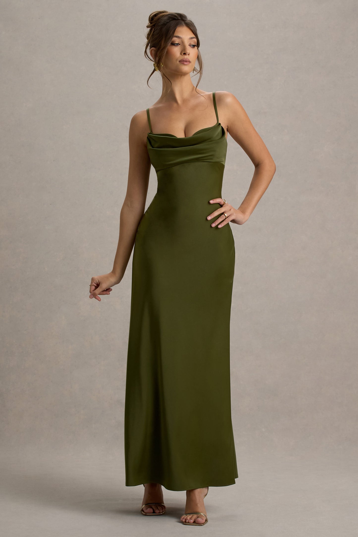 Eimear | Olive Green Satin Draped Sweetheart Maxi Dress