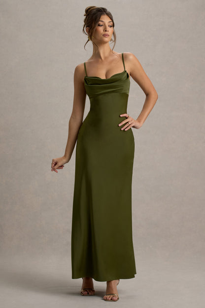 Eimear | Olive Green Satin Draped Sweetheart Maxi Dress