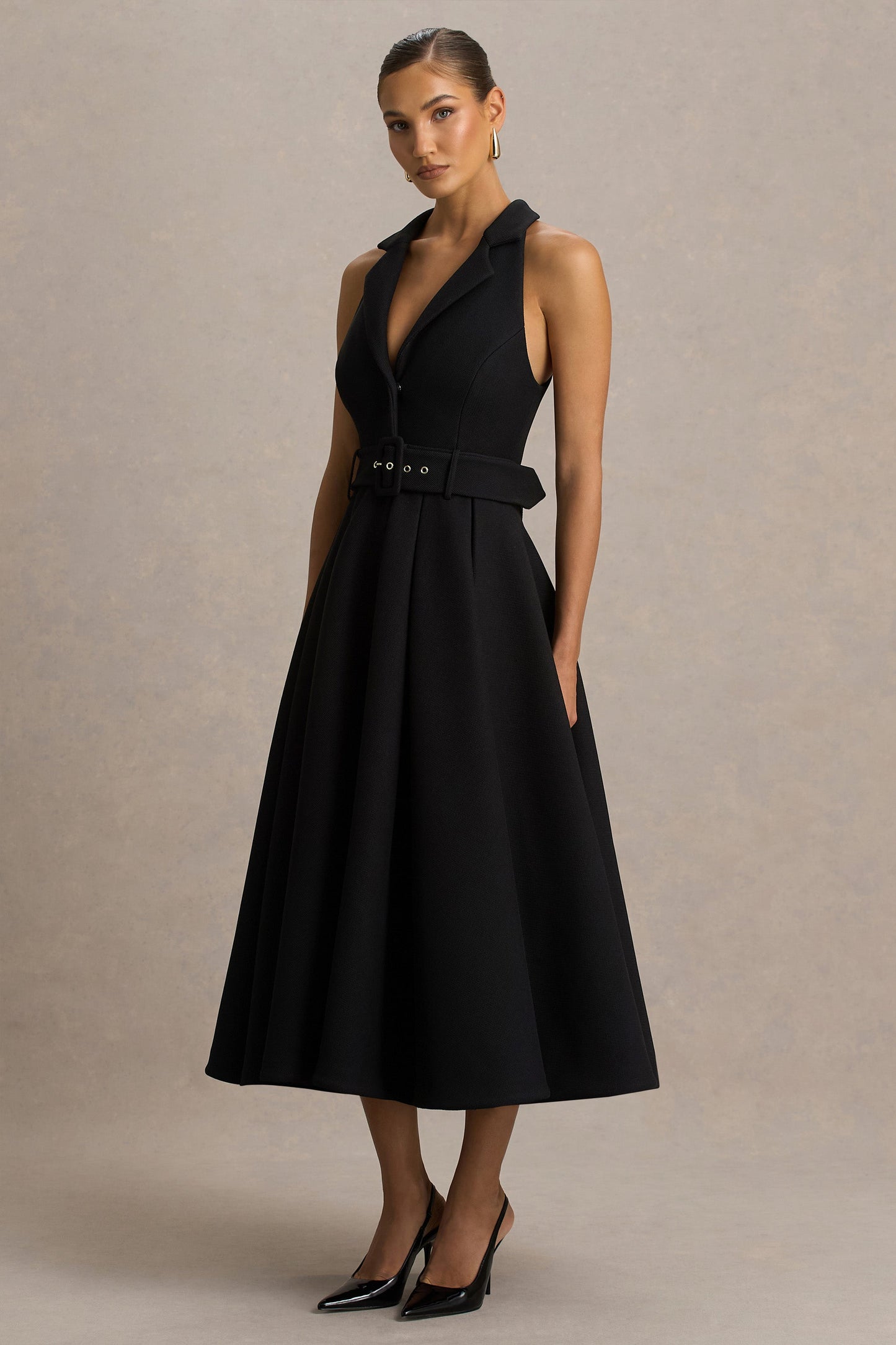 Alissa | Black Plunge-Neck Tailored Midi Dress