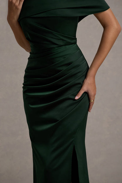 Martine | Bottle Green Satin Bardot Wrap Maxi Dress
