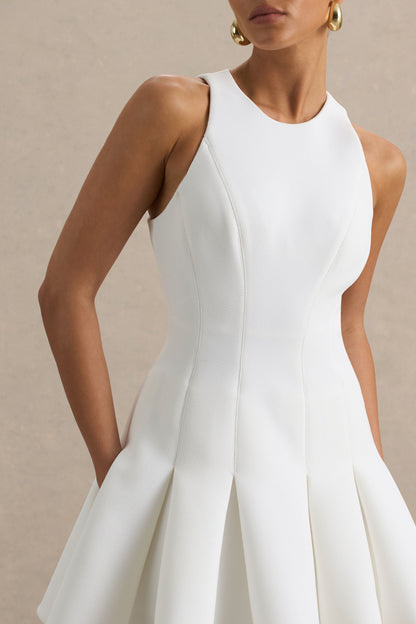 Leilani | White Racer-Neck Mini Dress With Ruffling Detail