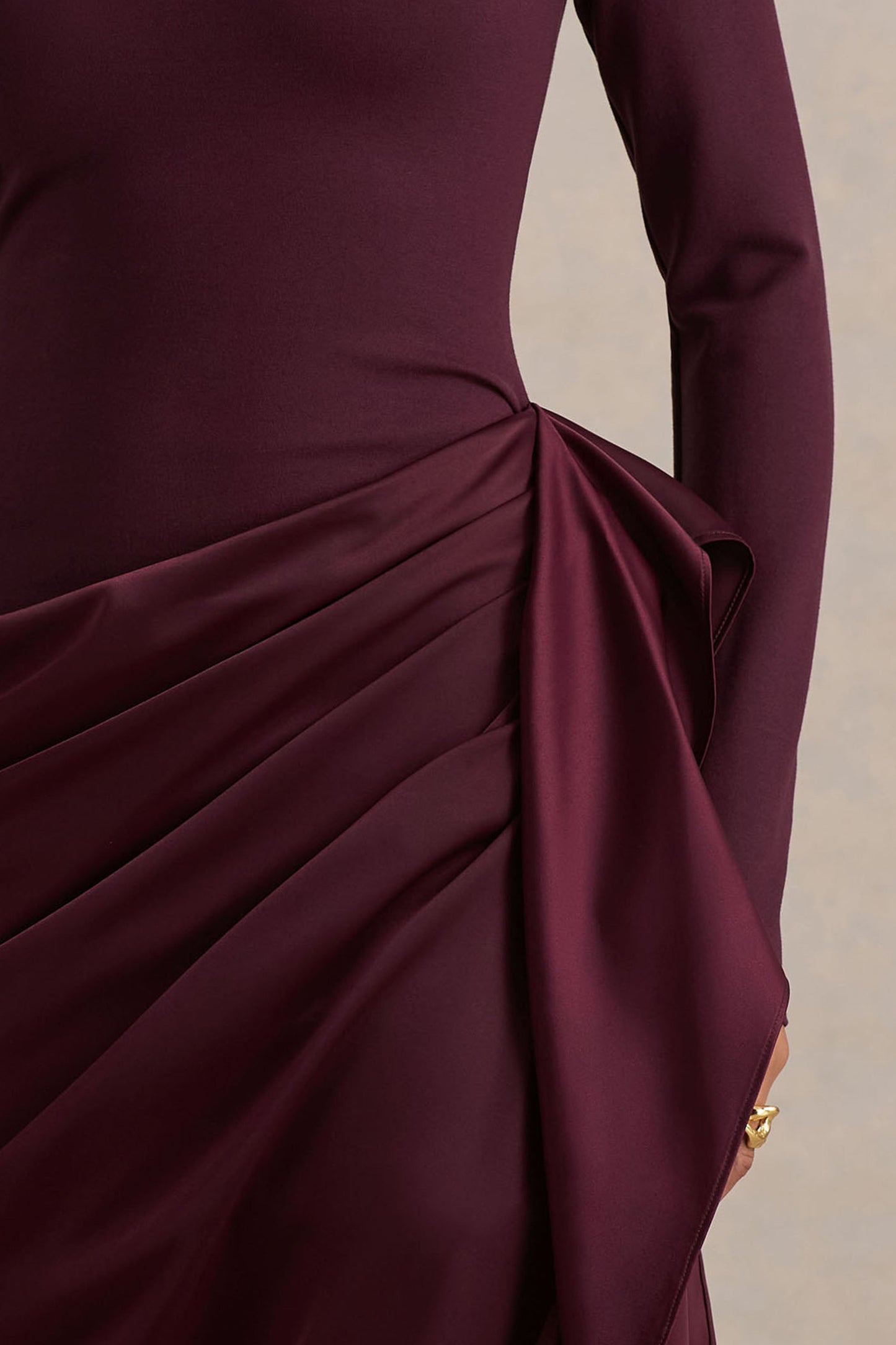 Raffie | Plum Long-Sleeve Midi Dress With Satin Wrap Skirt