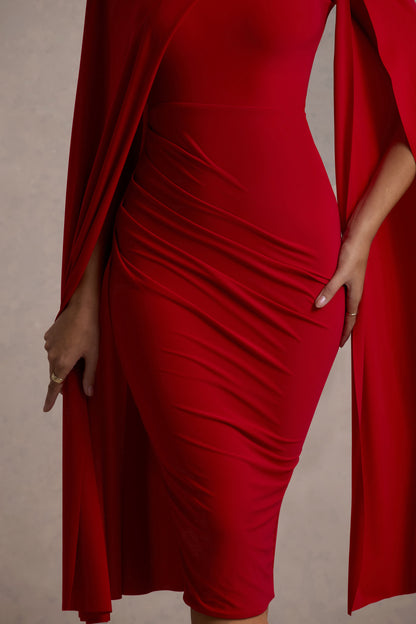Marysol | Red Asymmetric Cape Midi Dress