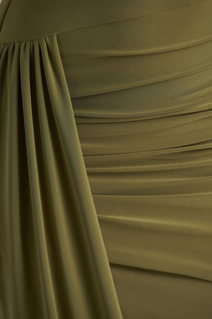 Enchant | Olive Asymmetric Twisted Cape Midi Dress