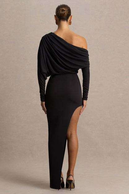 Olivia | Black Asymmetric-Neck Maxi Dress With Ruched Detailing And Front-High Split