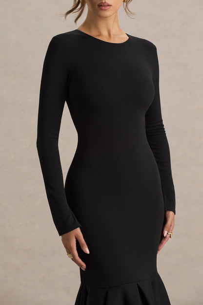 Liberty | Black High Neck Mermaid Maxi Dress With Ruffling Detail