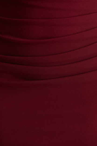 Leah | Burgundy Asymmetric-Neck Midi Dress With Cape-Sleeve And Draped Detailing