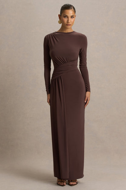 Virelle | Brown Boat-Neck Maxi Dress With Wrap Detail And Sash