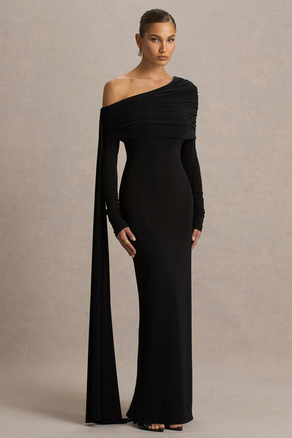 Octavia | Black Bardot-Neck Maxi Dress With Cape And Ruched Detailing