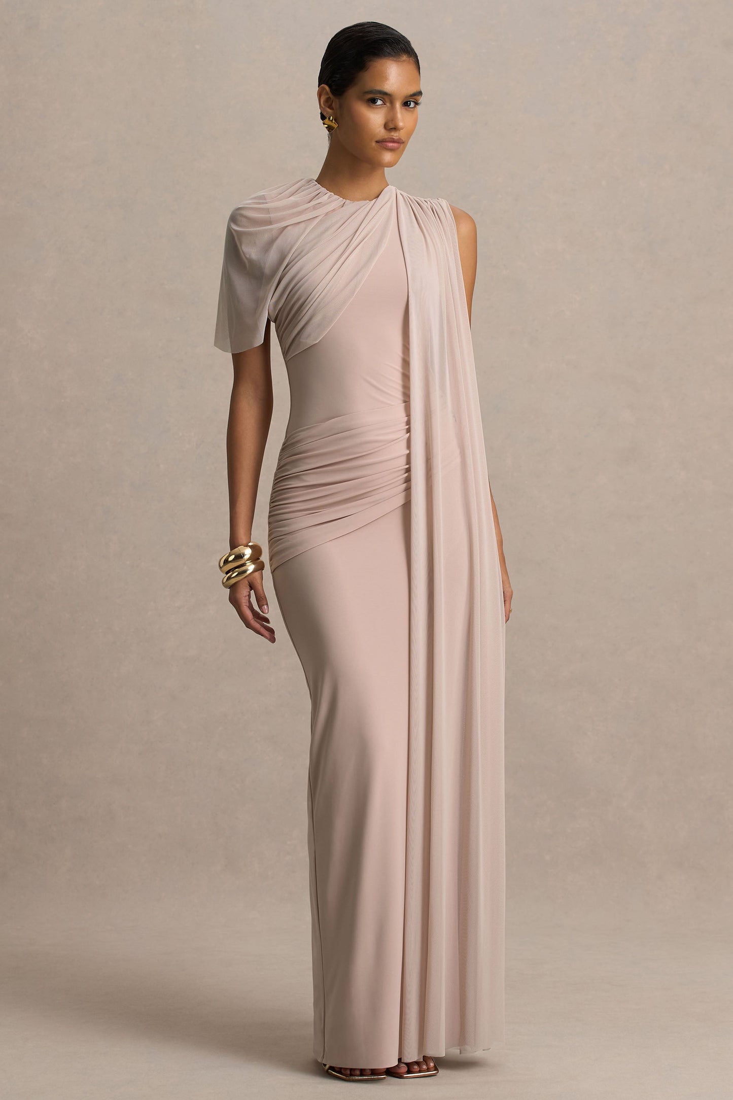 Brenda | Champagne Maxi Dress With Mesh Cape And Sash