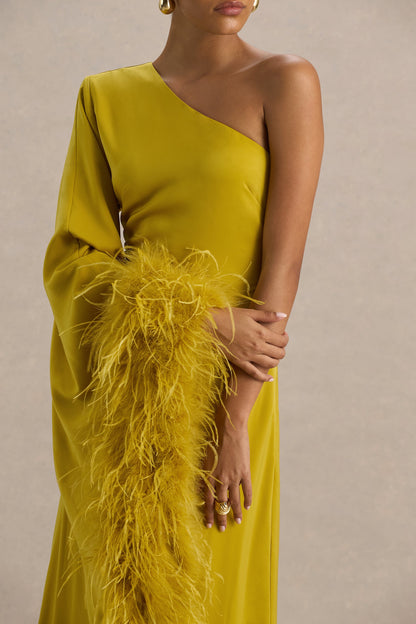Destiny | Yellow Satin Asymmetric-Neck Midi Dress With Feather Details