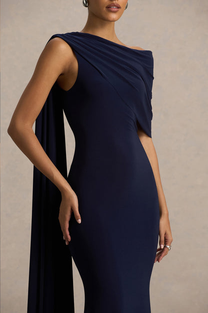Tiana | Navy Asymmetric-Neck Maxi Dress With Drape-Detail