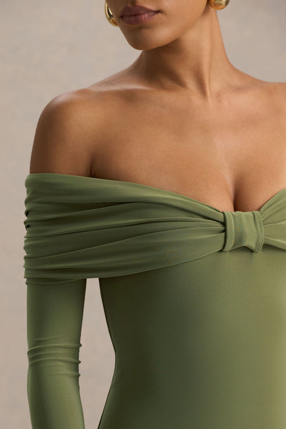 Spark | Olive Bardot-Neck Maxi Dress With Bow Detail