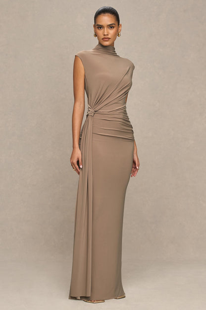 Solene | Brown High-Neck Maxi Dress With Wrap And Drape Detail