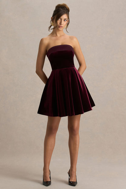 Mina | Burgundy Velvet And Satin Bandeau-Neck Skater Mini Dress